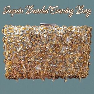 NWT Gold Bead & Sequin Clutch/Shoulder/Crossbody Evening Bag w/Two Chain Straps